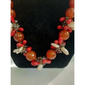 925 Southwestern Chunky Statement Carnelian Necklace With Coral And Pearls 18 in